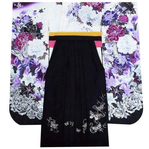 卒業式　卒業式衣装　卒業袴　袴　レンタル　古典　おしゃれ　白　花　牡丹　綺麗　格好良い　粋　ゴージャス　紫　黒