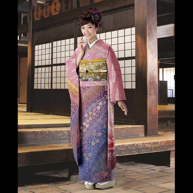 高級　振袖　赤富士　辻が花　絞り　赤色