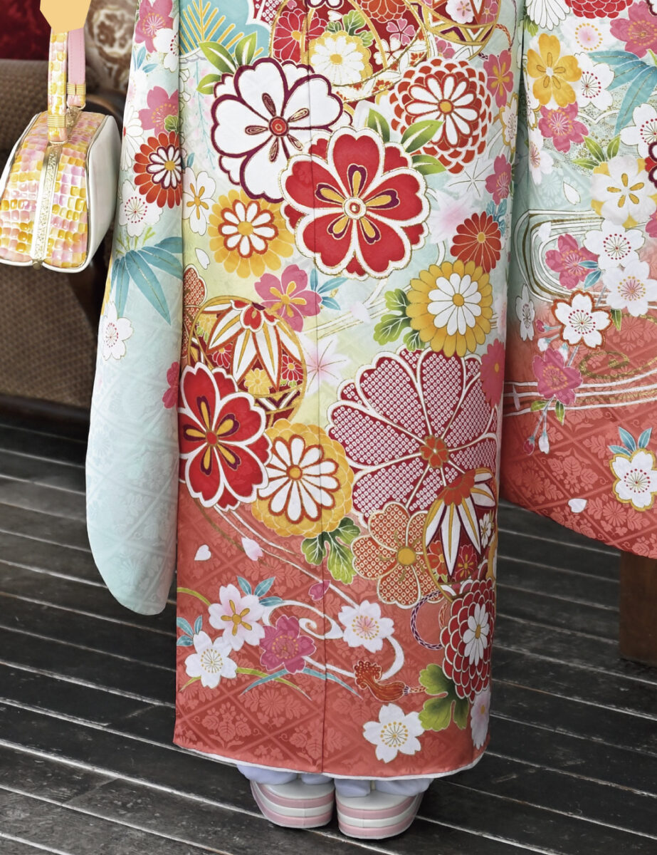 水色の古典柄振袖レンタル　Mサイズです。