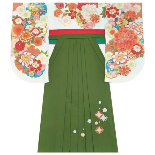 卒業式　卒業式衣装　卒業袴　袴　レンタル　古典　おしゃれ　レトロ　花　白　橙　オレンジ　赤　牡丹