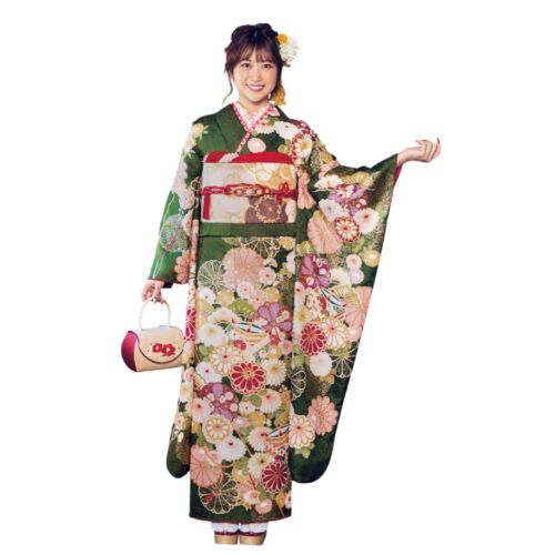 抹茶色の振袖レンタル、Mサイズ　です。緑系の抹茶色　緑の無地振袖レンタル