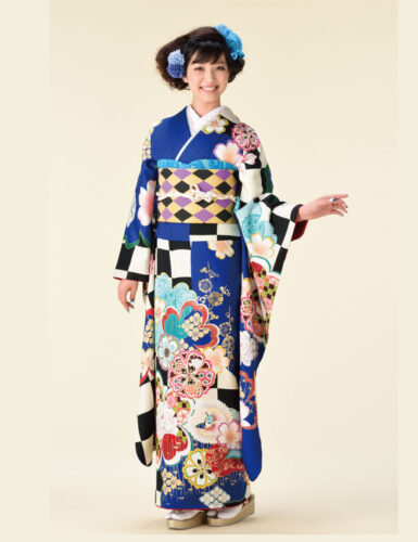 振袖レンタルSサイズです。青色モダンな市松柄