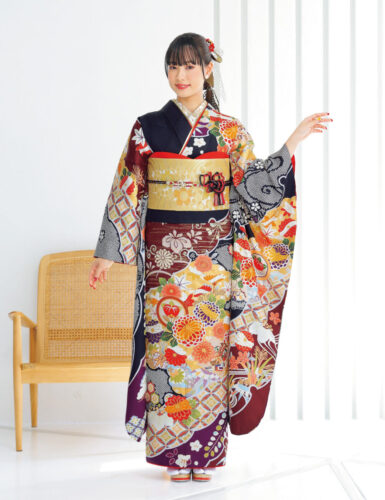 色の古典柄振袖です。振袖購入も振袖レンタルも可能です。