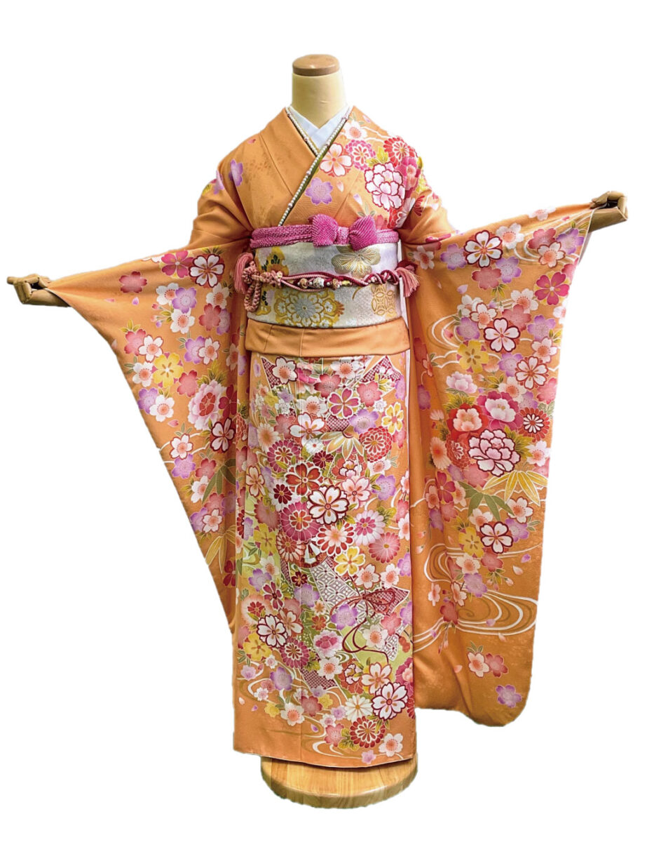 オレンジ色振袖レンタル　LLサイズ　オレンジ　橙　2Lサイズ　桜柄