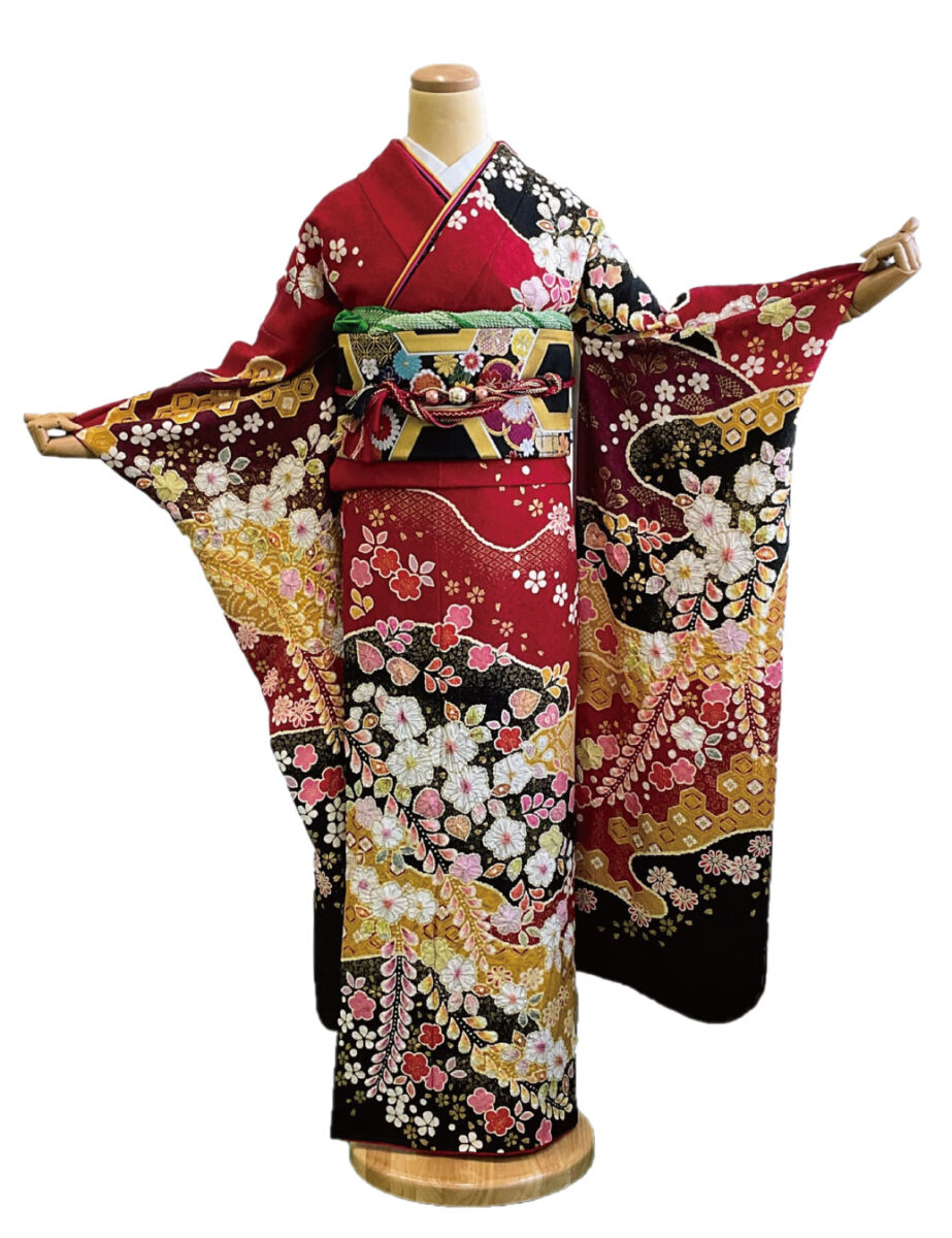 赤振袖辻が花。高級振袖レンタルMサイズ