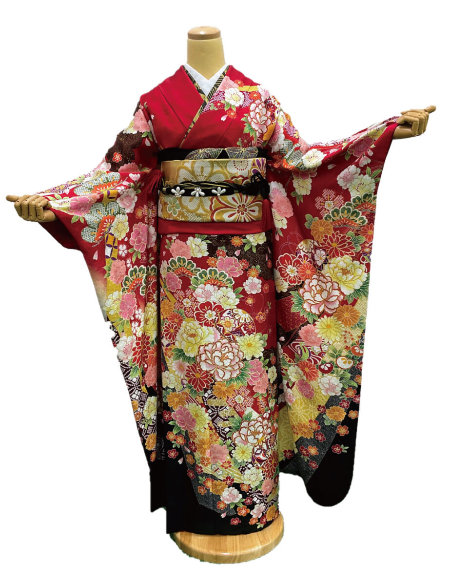 振袖レンタル　LLサイズ　赤色　手毬　花柄
