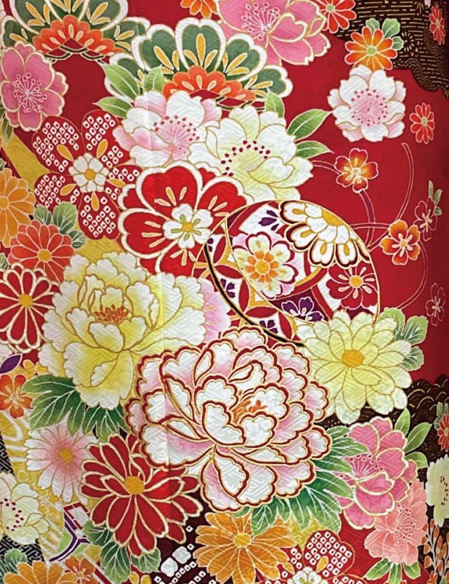 振袖レンタル　LLサイズ　赤色　手毬　花柄