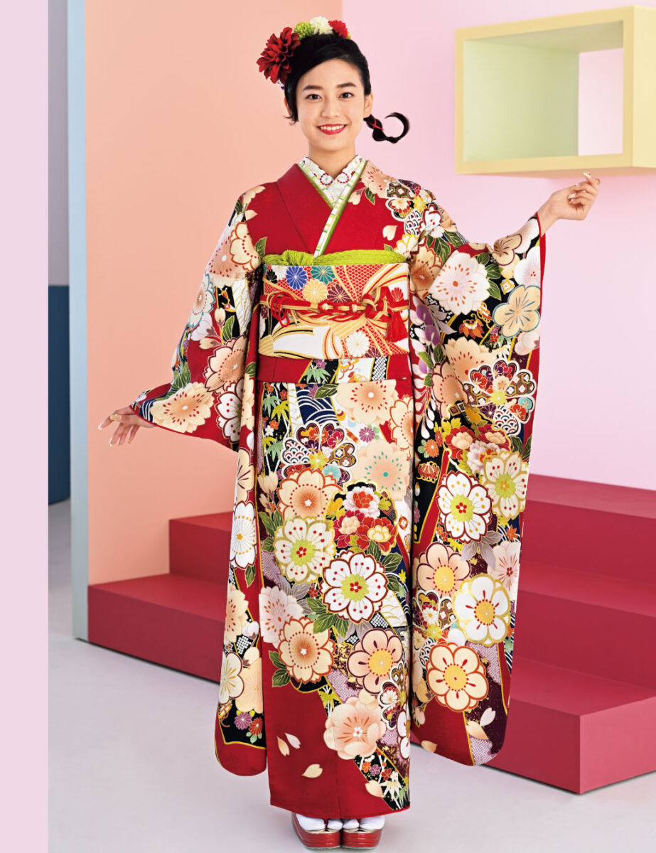 赤色振袖レンタル　Mサイズ　大柄の桜