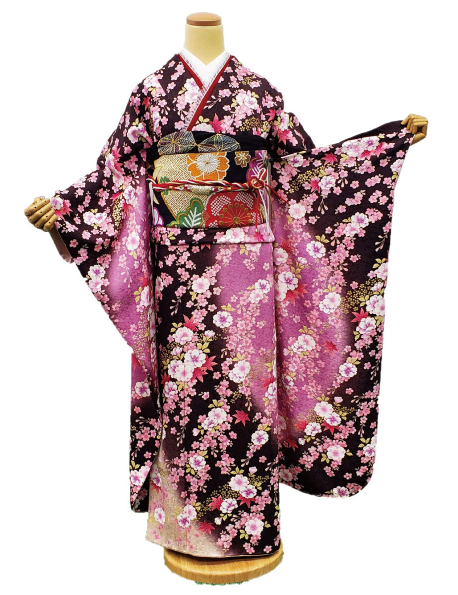 茶色-ピンク色の振袖レンタル　Mサイズ　桜柄