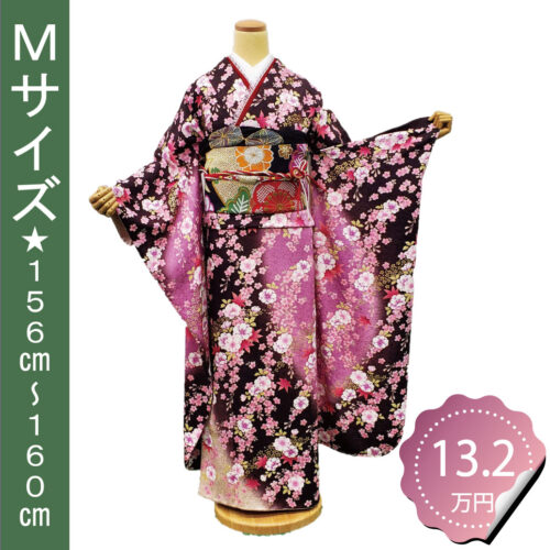 茶色-ピンク色の振袖レンタル　Mサイズ　桜柄