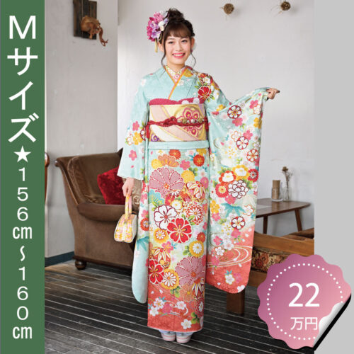水色の古典柄振袖レンタル　Mサイズです。