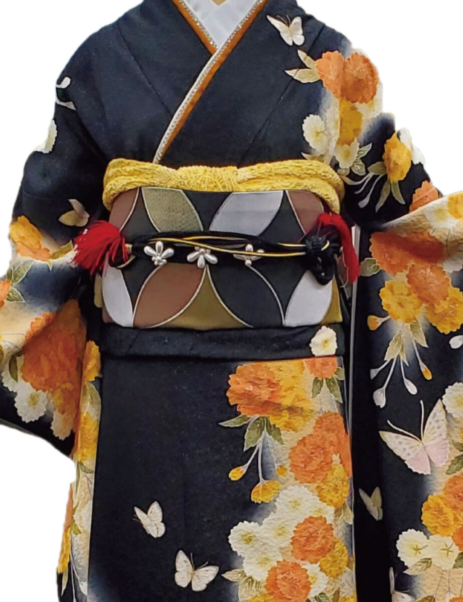 黒色　オレンジ　蝶　　振袖レンタル　Mサイズ　橙　オレンジ