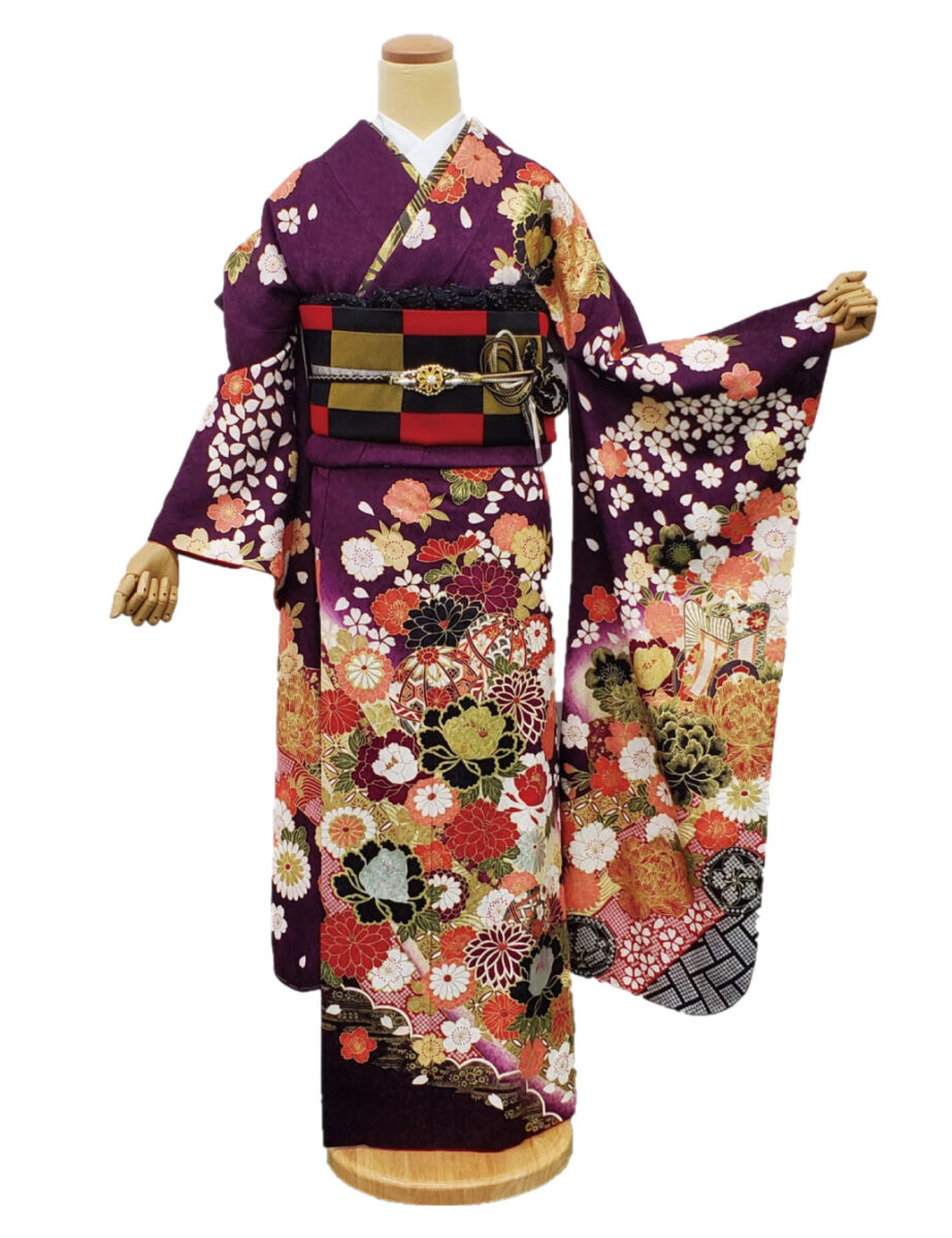 振袖レンタル Sサイズ 紫 古典 花柄