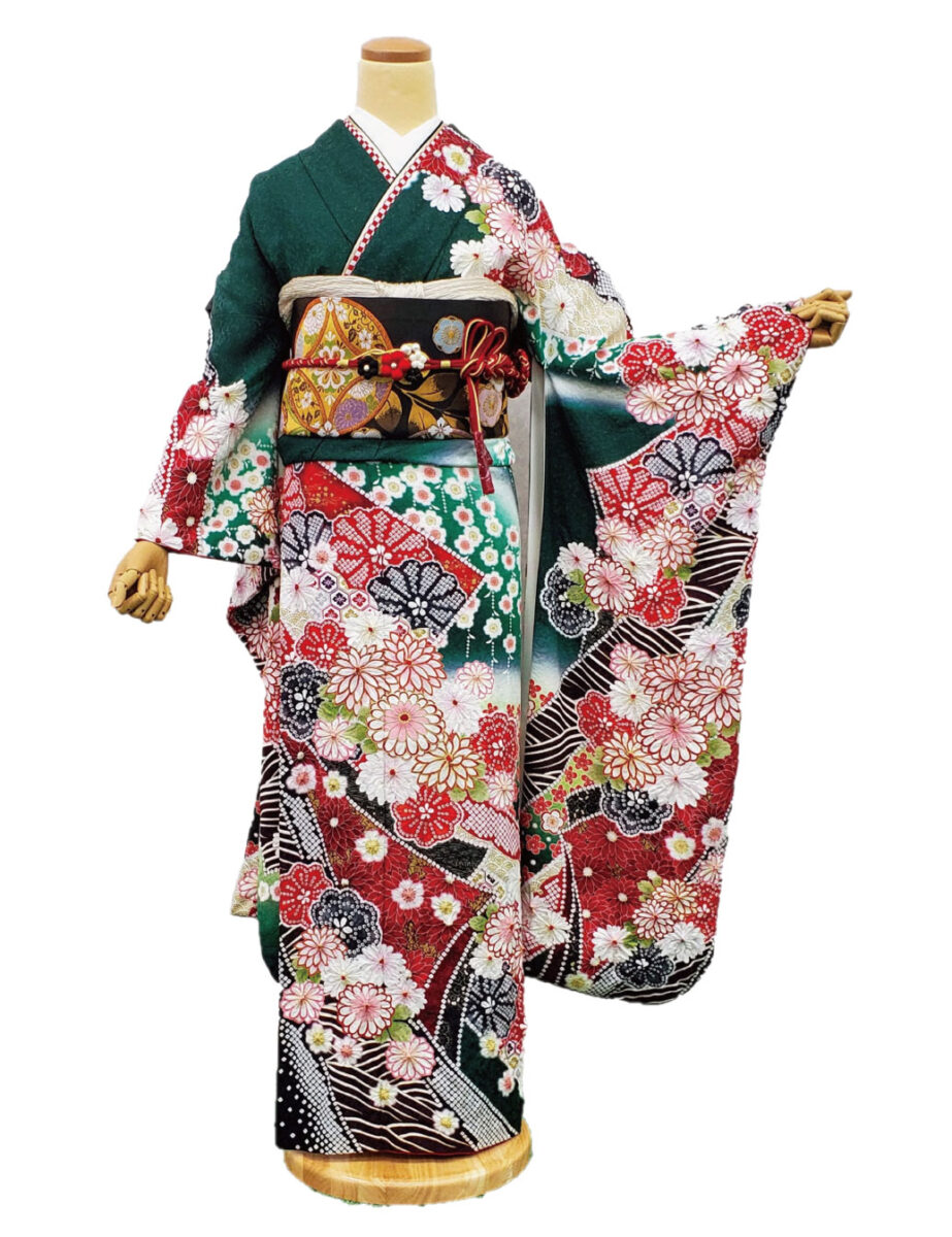 緑色の振袖レンタル　Sサイズ　絞り風　菊