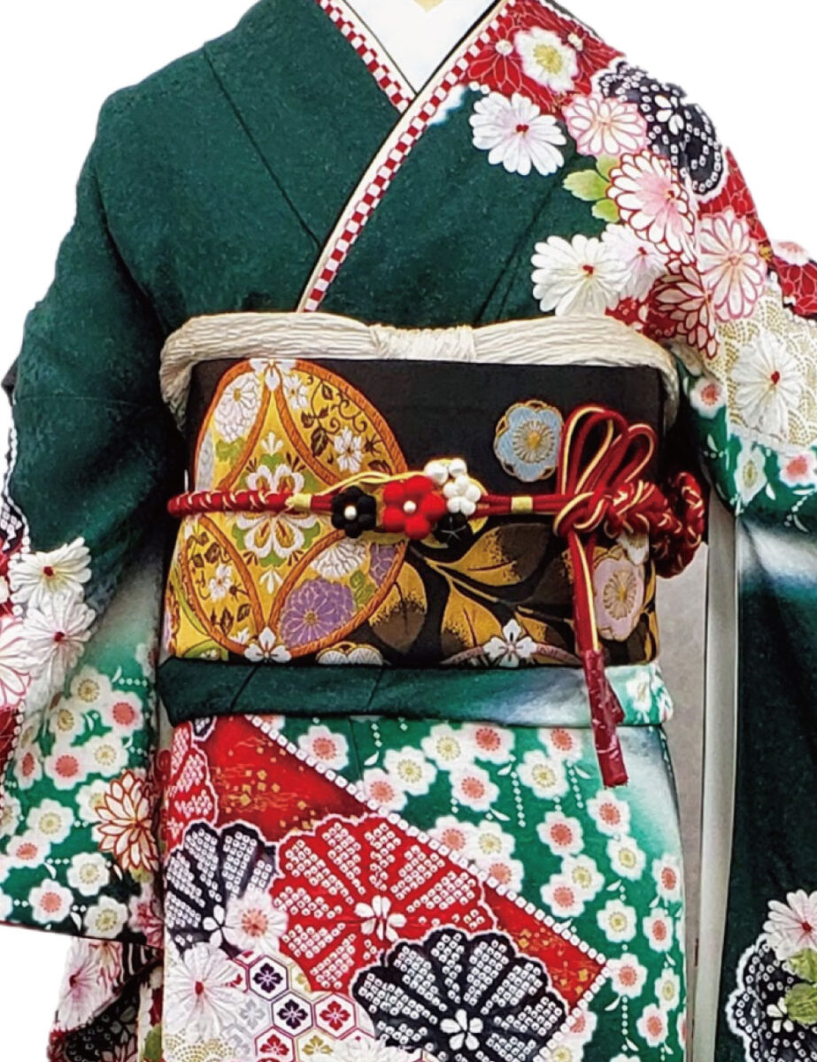 緑色の振袖レンタル　Sサイズ　絞り風　菊