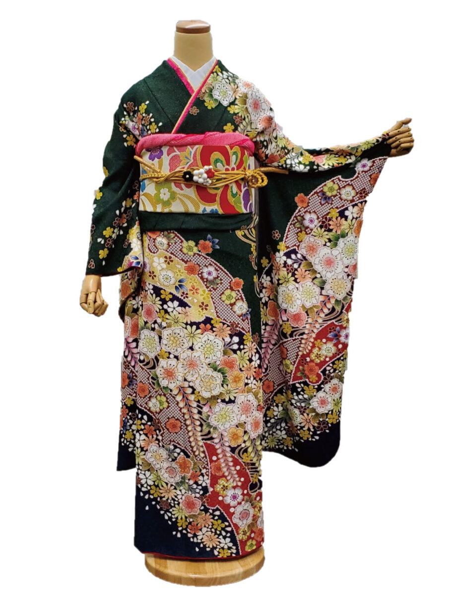 深緑　抹茶色　振袖レンタル　Ｓサイズ　緑色　辻が花　高級