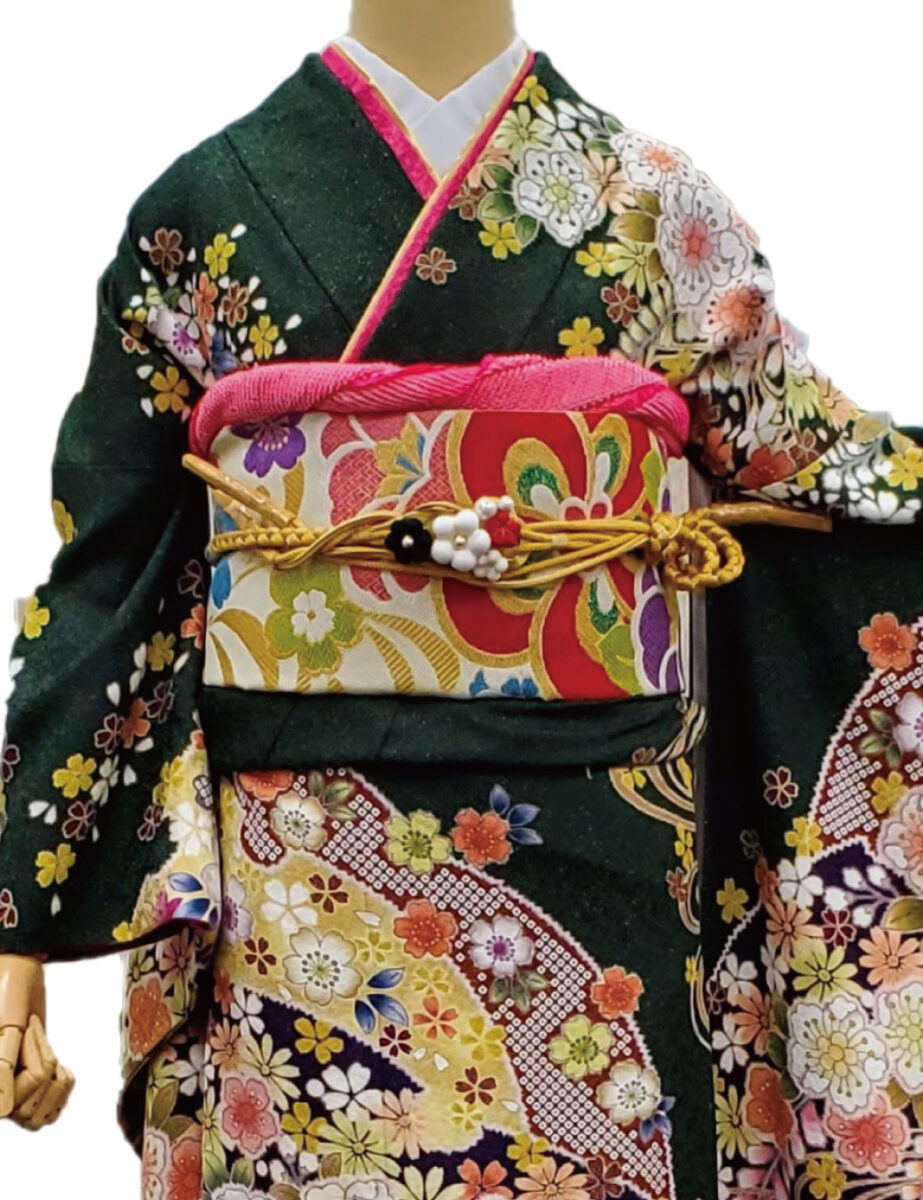 深緑　抹茶色　振袖レンタル　Ｓサイズ　緑色　辻が花　高級
