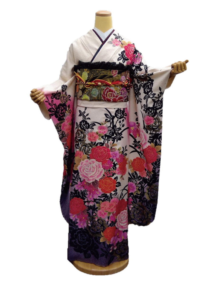 白色振袖レンタル Sサイズ 白色 バラ柄 豪華