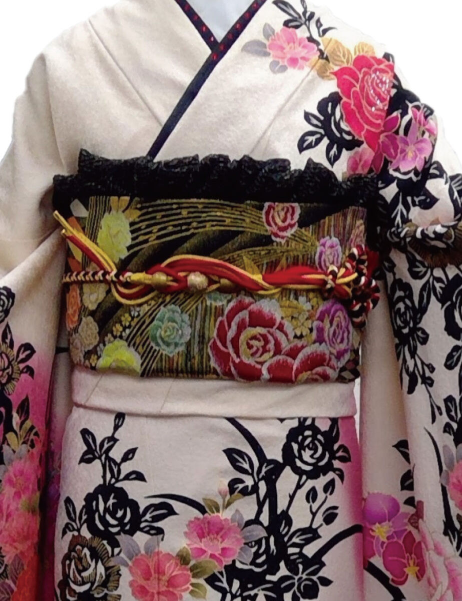 白色振袖レンタル　Ｓサイズ　白色　バラ柄　豪華