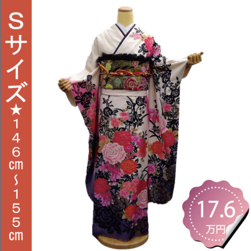 白色振袖レンタル　Ｓサイズ　白色　バラ柄　豪華