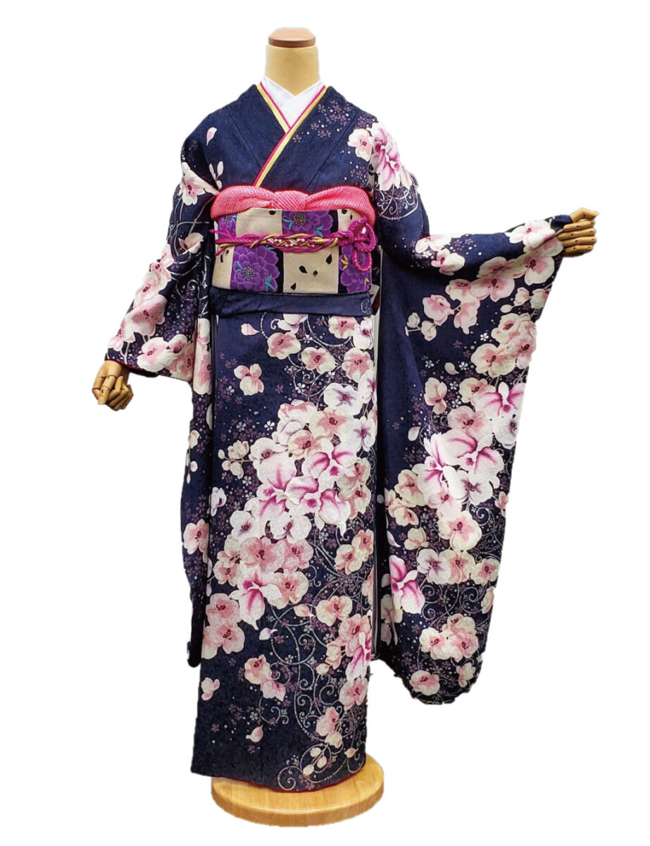 グレー・灰色の振袖レンタル　Sサイズ　胡蝶蘭　蘭