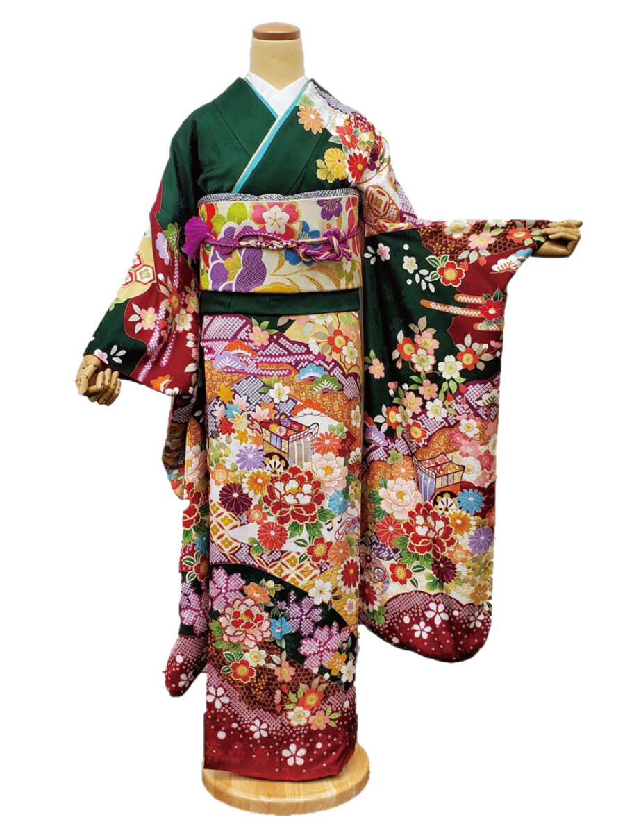 緑色の古典柄、振袖レンタル　Ｓサイズ　緑色　花柄　かわいい