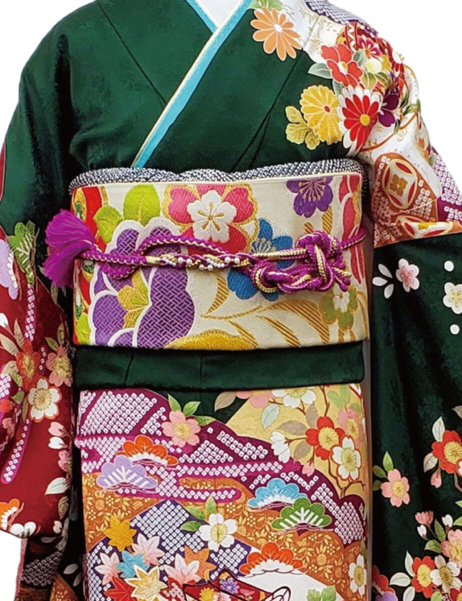 緑色の古典柄、振袖レンタル　Ｓサイズ　緑色　花柄　かわいい