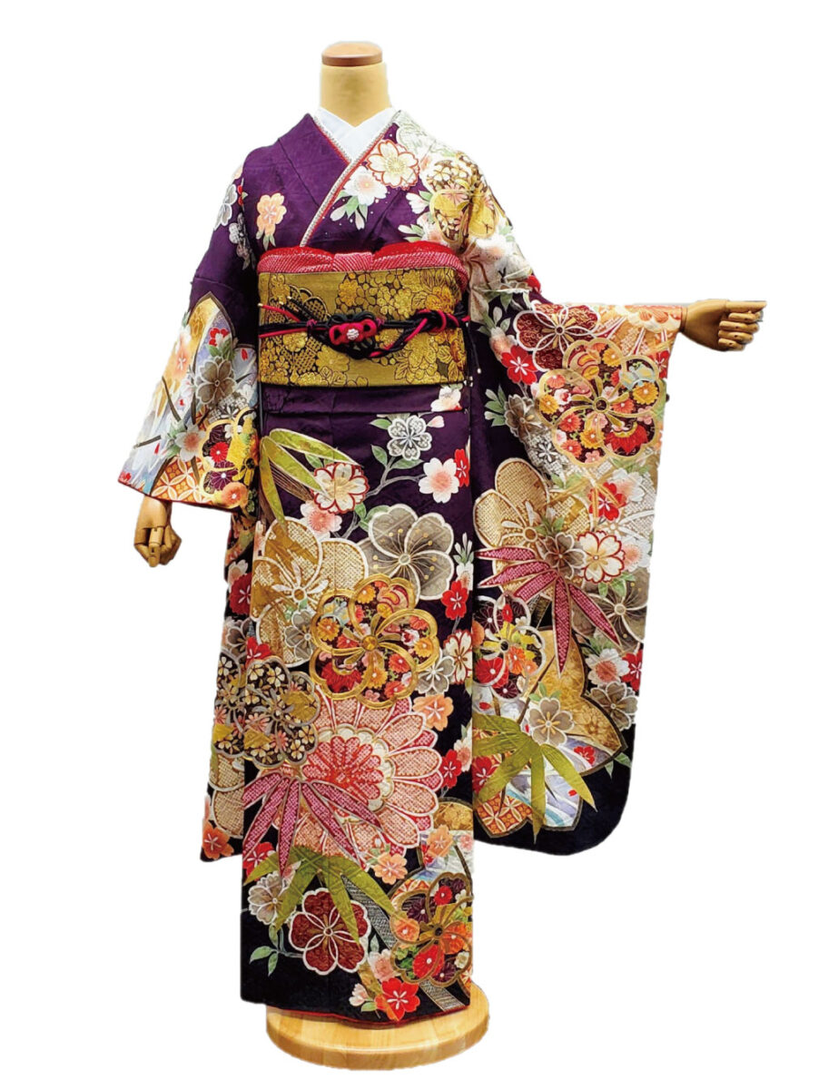 紫色　金彩　振袖レンタル　Sサイズ　笹　梅　桜