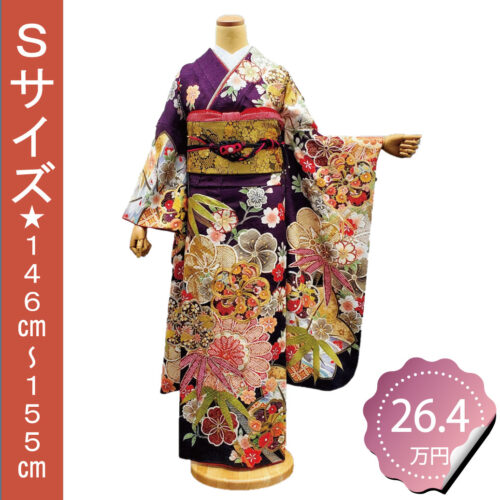 紫色　金彩　振袖レンタル　Sサイズ　笹　梅　桜