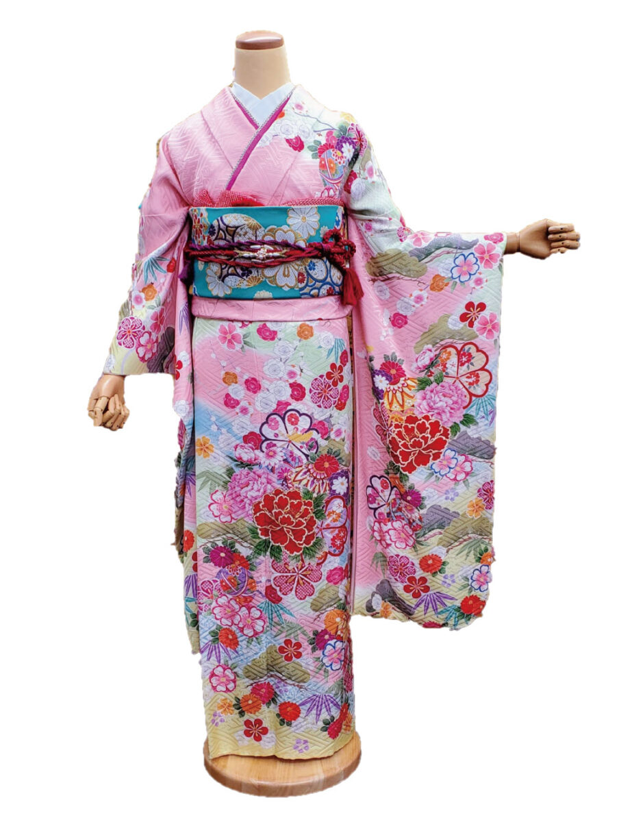 桃色ピンク色の振袖レンタルSサイズです。四季の花