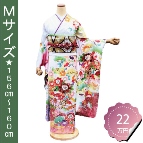 振袖レンタル　Mサイズ　白色　古典　松竹梅牡丹