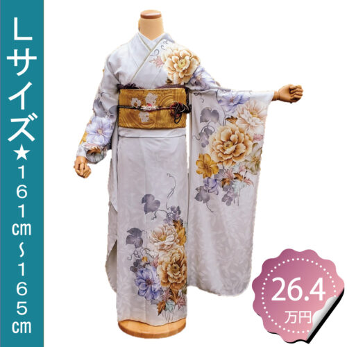 グレー振袖　牡丹　薔薇　花柄　Ｌサイズ　振袖レンタル