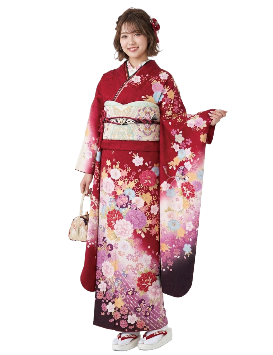 赤色の振袖レンタルＳサイズ　花柄　古典