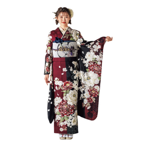 赤色振袖に白紅の牡丹が華やぐ振袖