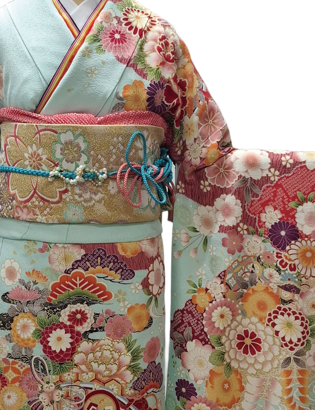 水色、花柄の振袖レンタル