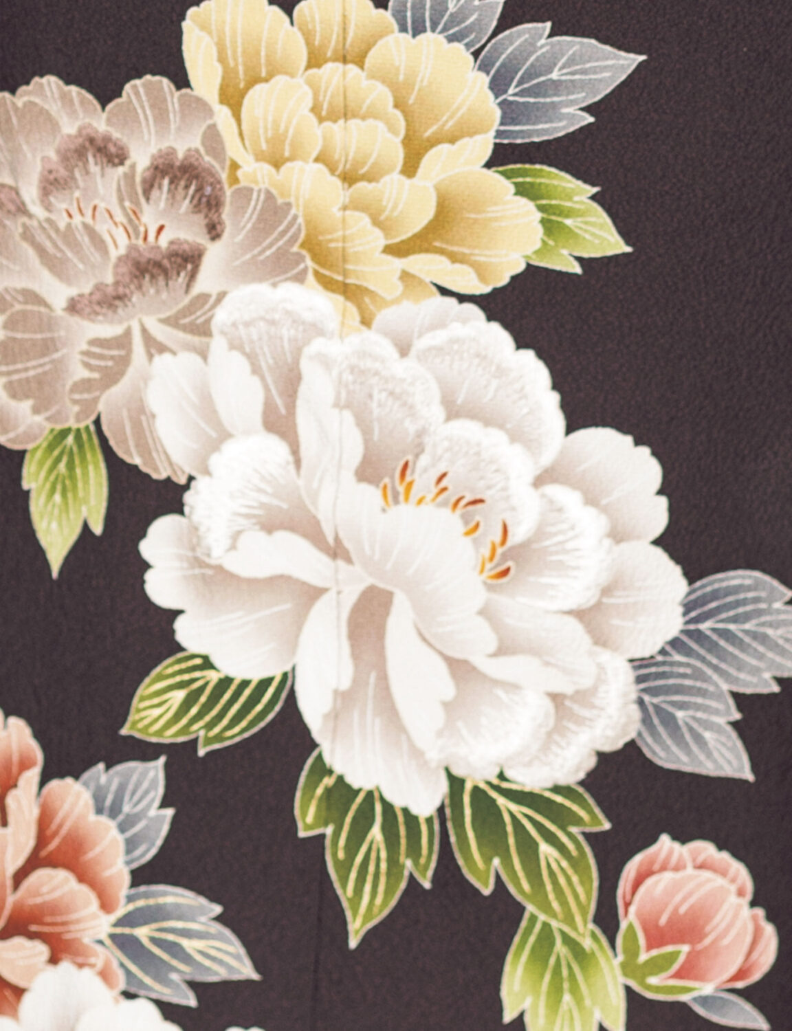 黒地に大輪の花が描かれた振袖を着た女性。白の帯締と小物が上品な印象を添えている。