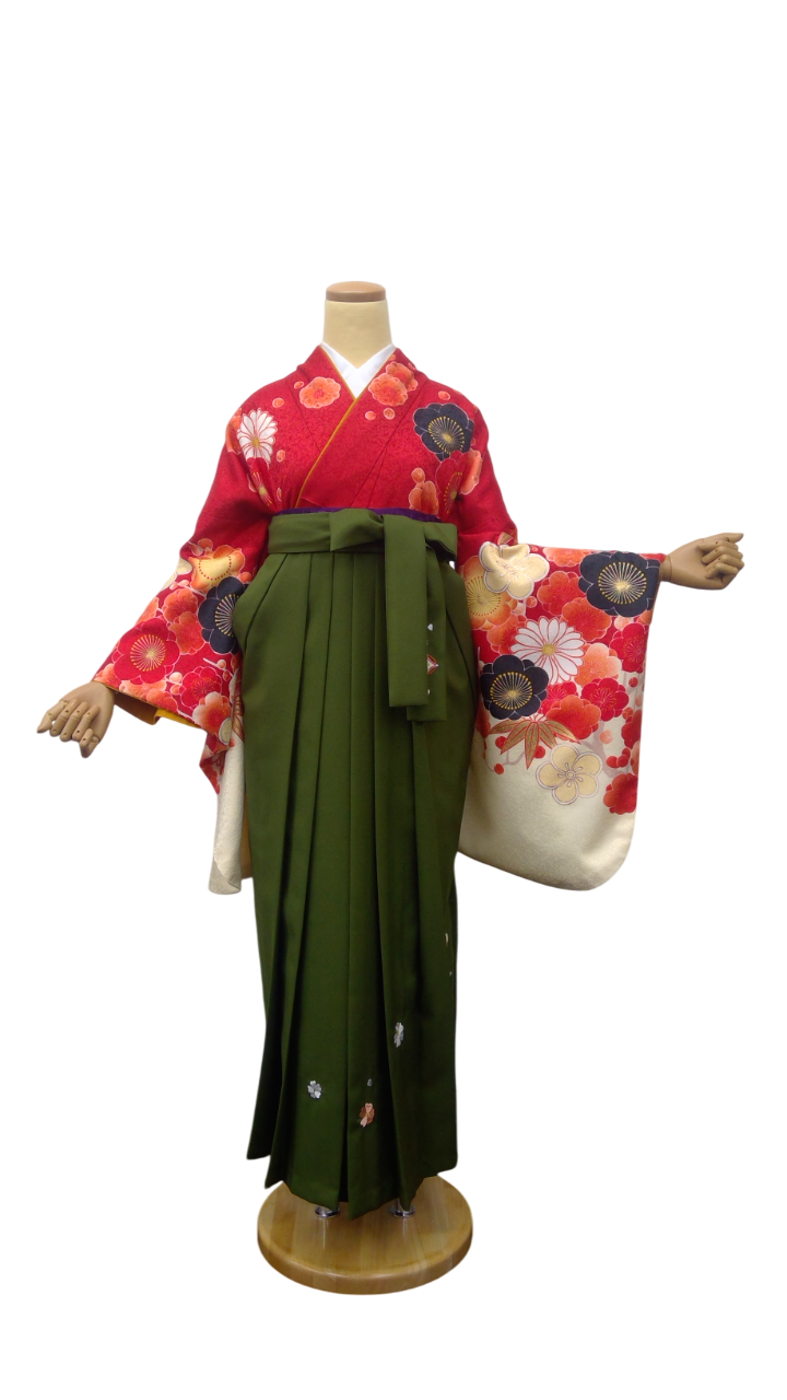 赤地に菊や梅の花柄が咲く華やかな着物と袴スタイル。