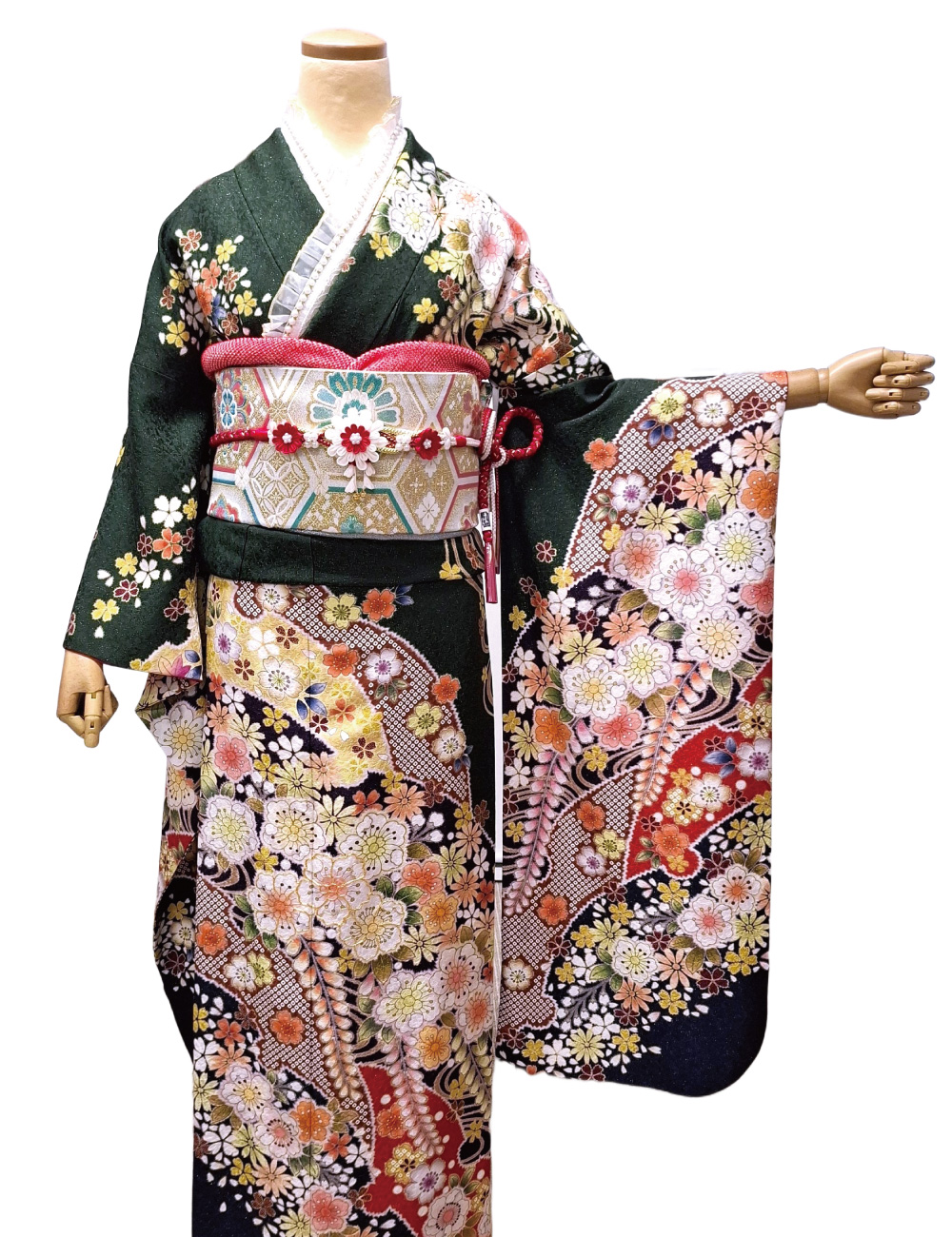 辻が花の振袖、緑色。成人式レンタル振袖