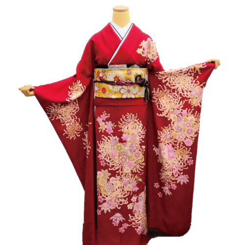 兵庫県　姫路　振袖レンタル　2L　　赤黒　菊　安い