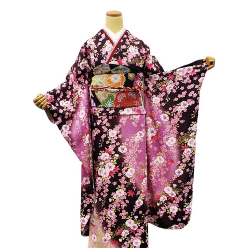 茶色-ピンク色の振袖レンタル　Mサイズ　桜柄