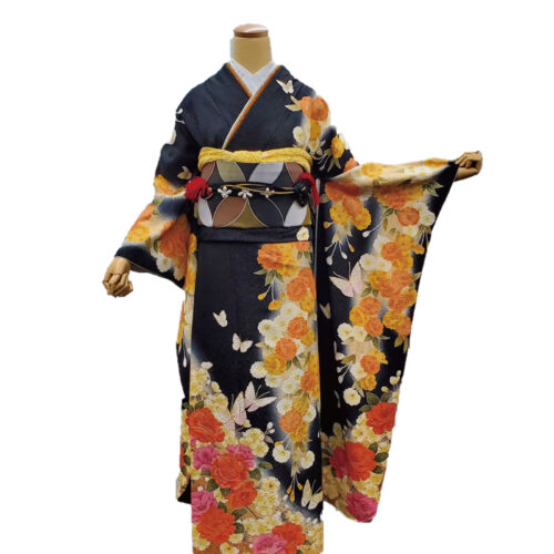 黒色　オレンジ　蝶　　振袖レンタル　Mサイズ　橙　オレンジ