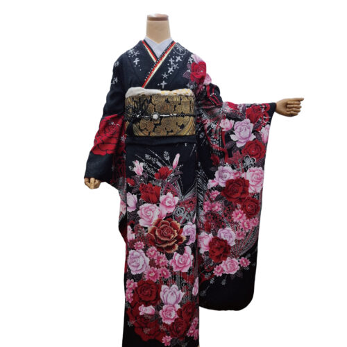 黒色振袖レンタル LLサイズ 赤 薔薇 豪華