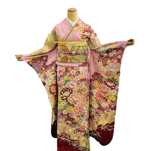 振袖レンタル Lサイズ 桃色 蝶 花 可愛い