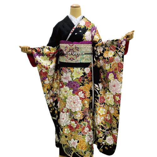 振袖レンタル LLサイズ 黒色 大柄の牡丹