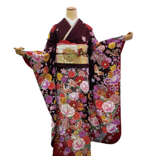 こげ茶の振袖レンタル　Mサイズ　手毬　蝶　花