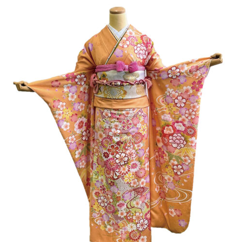 オレンジ色振袖レンタル　LLサイズ　オレンジ　橙　2Lサイズ　桜柄