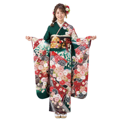 緑色の振袖レンタル　Sサイズ　絞り風　菊
