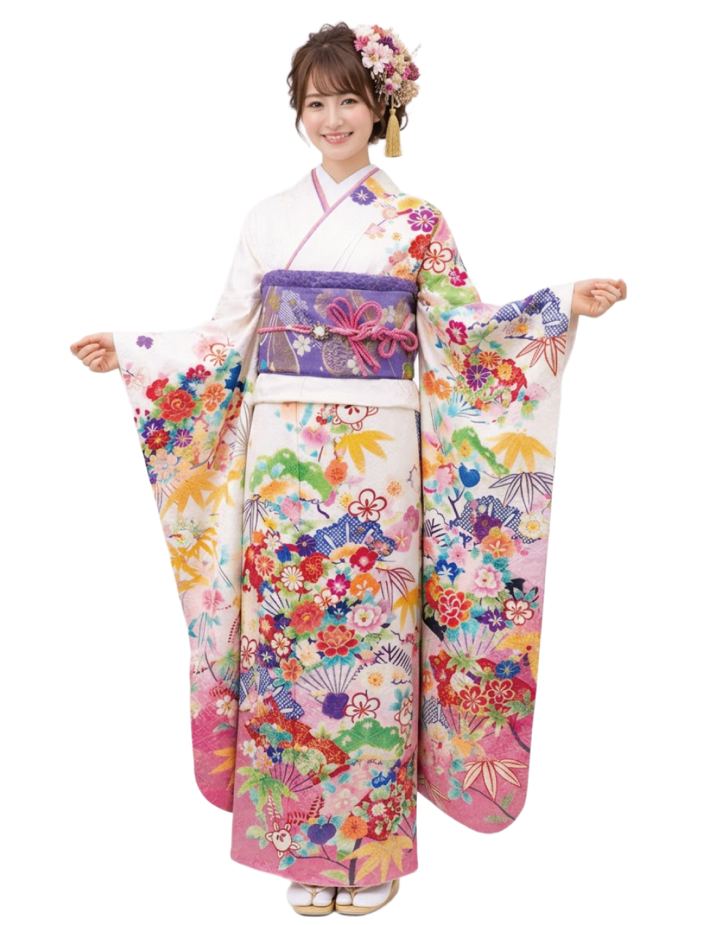 白色の裾に桃色ピンクぼかしの振袖レンタルMサイズです。松竹梅の古典柄。