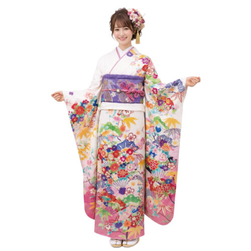白色の裾に桃色ピンクぼかしの振袖レンタルMサイズです。松竹梅の古典柄。