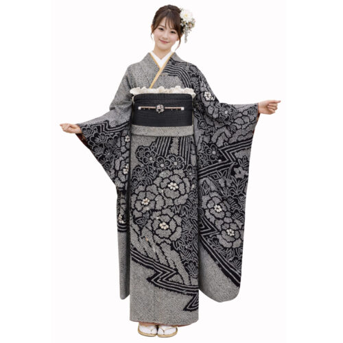 振袖レンタル Mサイズ 黒色 総絞り クロコ調袋帯